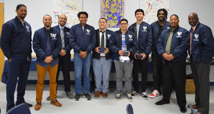 Students and mentors in the Men of Atlantic Cape program gather after the jacket ceremony May 4, 2022 at the Mays Landing campus.