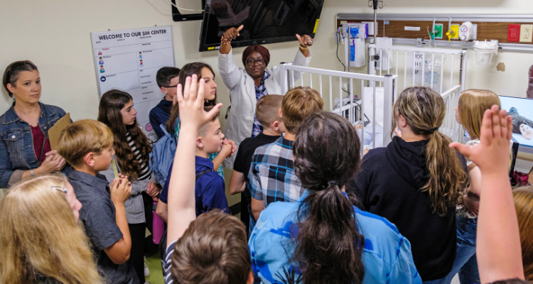 Students in the Nursing Simulation and Skills Lab during the Junior Achievement Inspire Day Career Fair