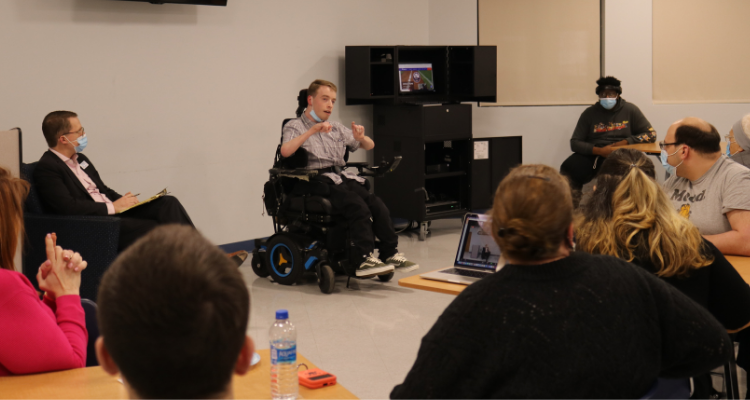 Accessibility advocate Jacob Hackett speaks to the Community for the Differently Abled student club Feb. 24, 2022 at the Mays Landing campus.