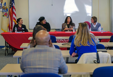 Atlantic Cape's Dr. Kalpana Jain, Atlantic City High School Principal Constance Days-Chapman, Licensed Clinical Alcohol and Drug Counselor Diana Garcres and Atlantic Cape's Myrna Morales-Keklak take part in Career Paths Panel Discussion at Worthington Atlantic City campus