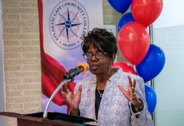 Atlantic Cape President Dr. Barbara Gaba speaks during One-Stop Welcome Center ribbon cutting cermony