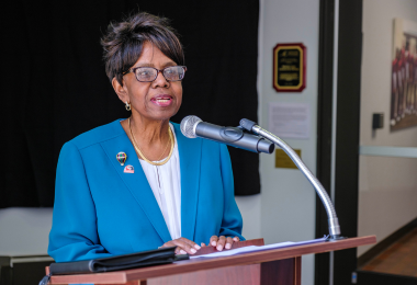 Atlantic Cape President Dr Barbara Gaba speaking at the Resilience painting unveiling