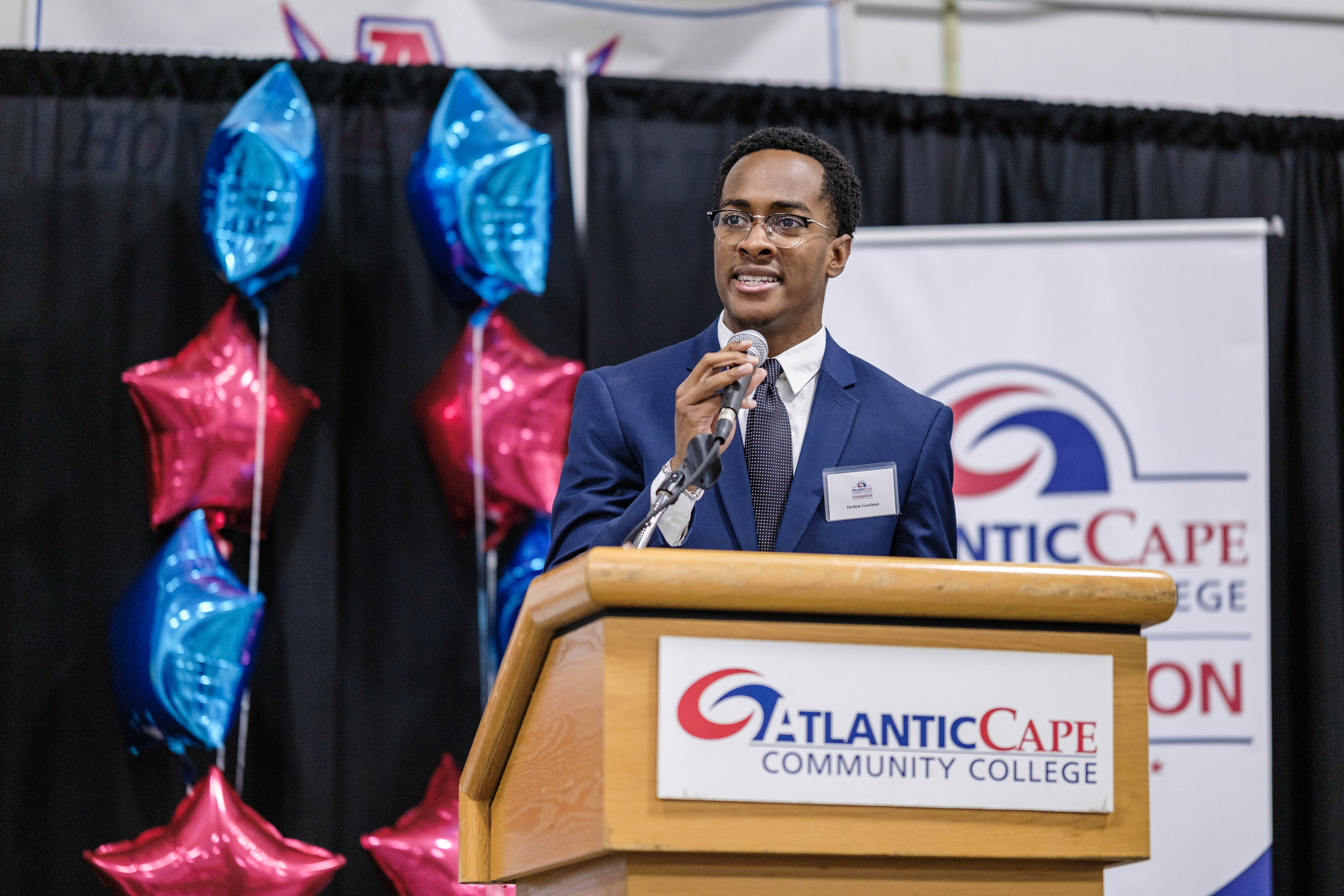 Atlantic Cape student Ibrihim Goodman speaks to the audience