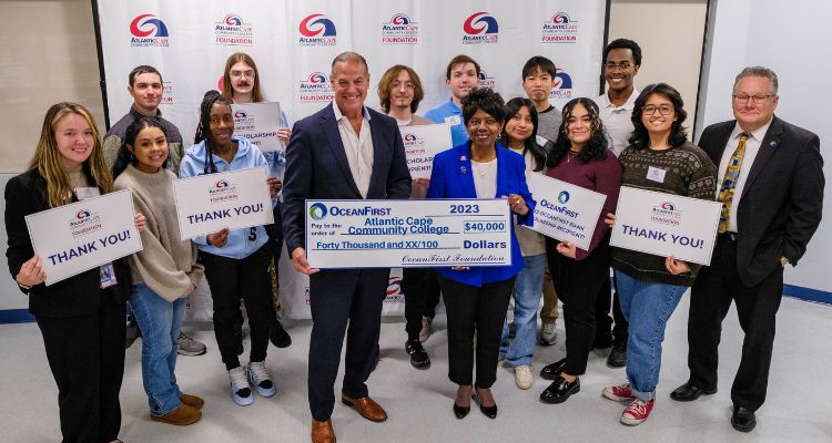 OceanFirst Foundation presents a $40,000 check to Atlantic Cape scholarship recipients